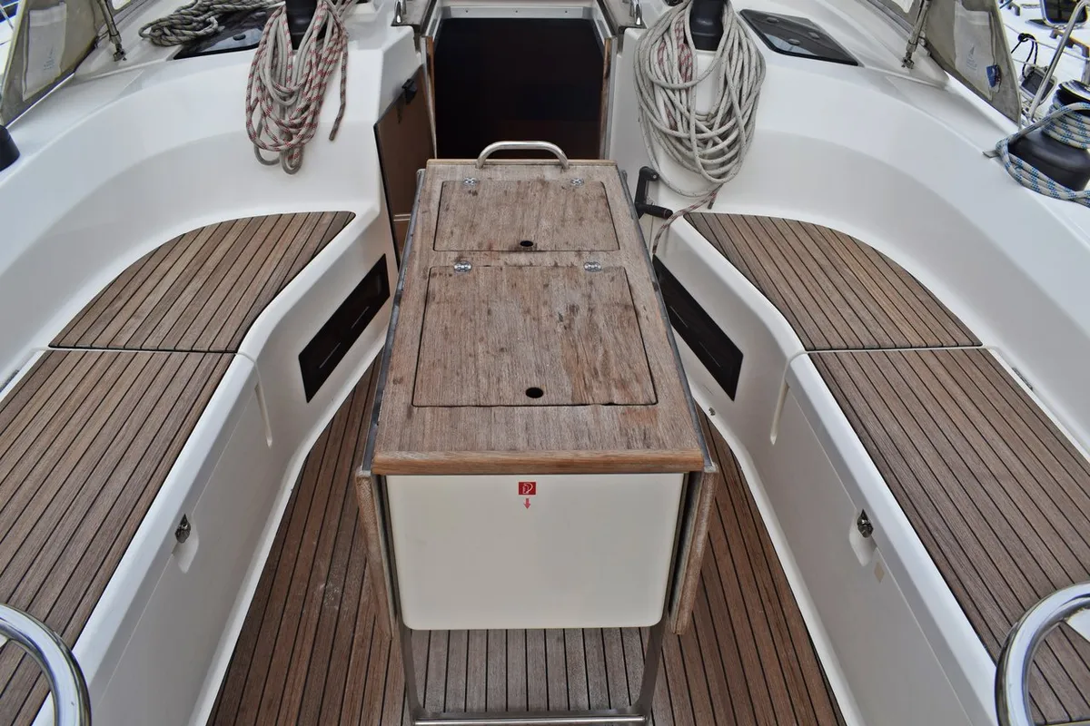 Deck of Tiha, a Bavaria Cruiser 45 sailboat at Grad Kaštela, Croatia