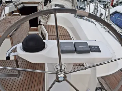 Cockpit of Tiha, a Bavaria Cruiser 45 sailboat at Grad Kaštela, Croatia