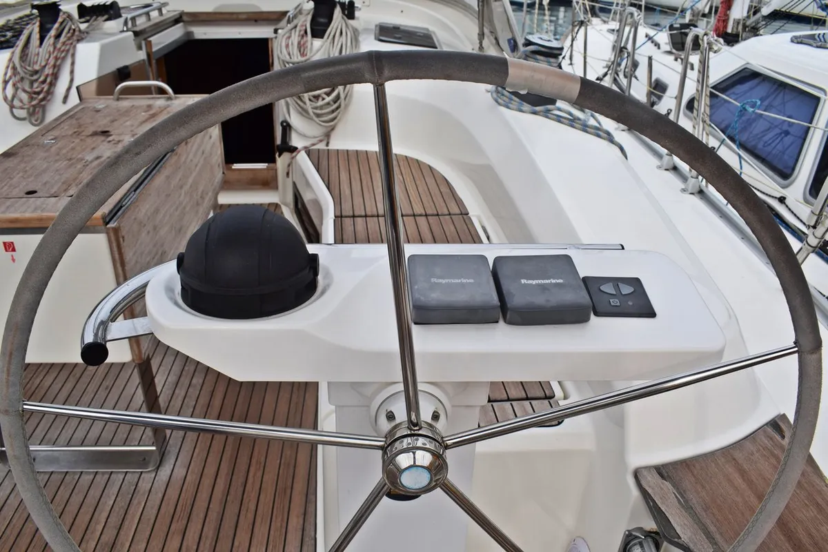 Cockpit of Tiha, a Bavaria Cruiser 45 sailboat at Grad Kaštela, Croatia