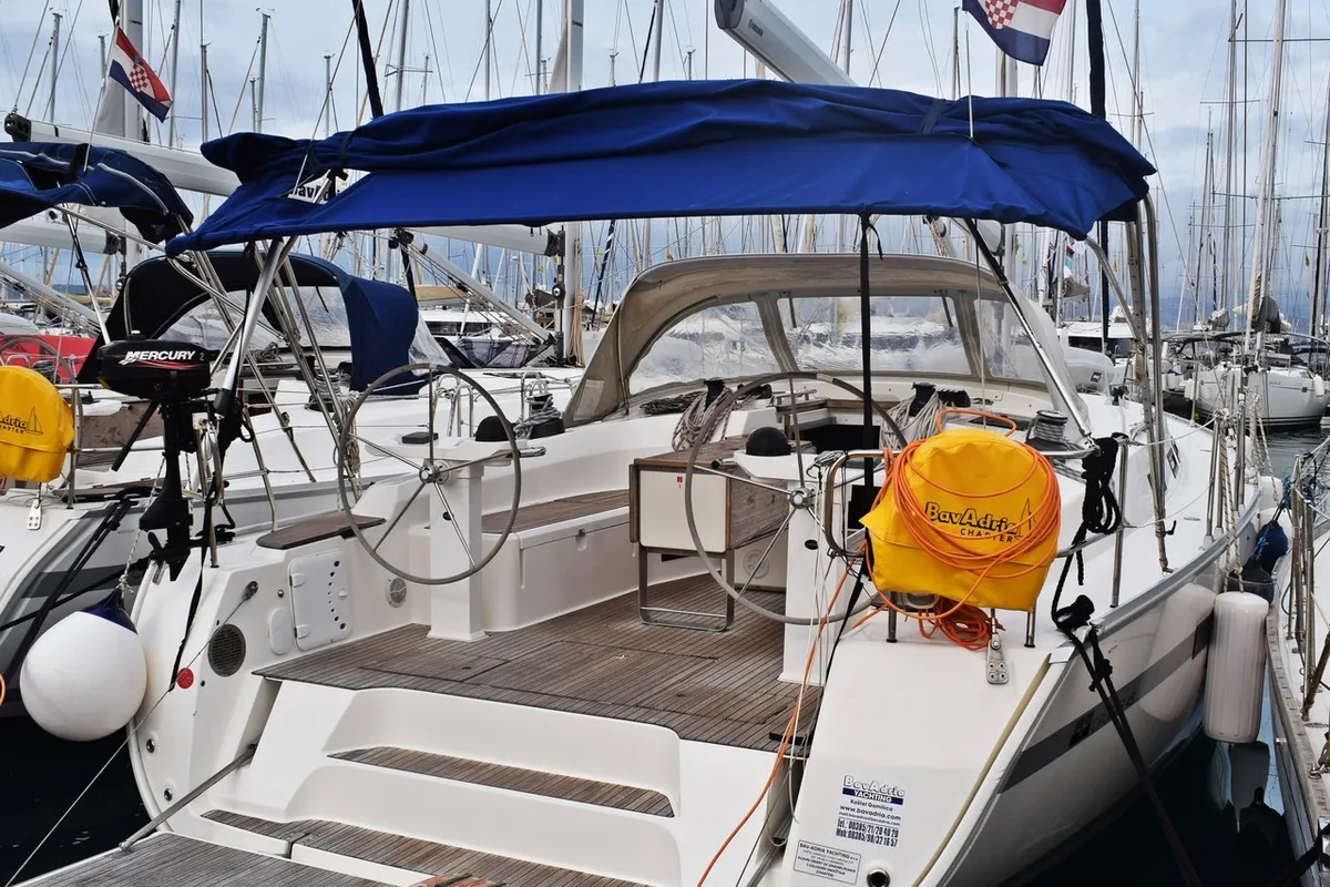 Deck of Tiha, a Bavaria Cruiser 45 sailboat at Grad Kaštela, Croatia