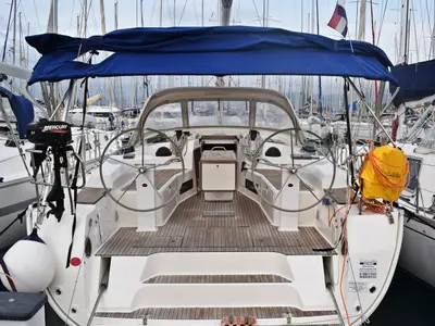 Deck of Tiha, a Bavaria Cruiser 45 sailboat at Grad Kaštela, Croatia