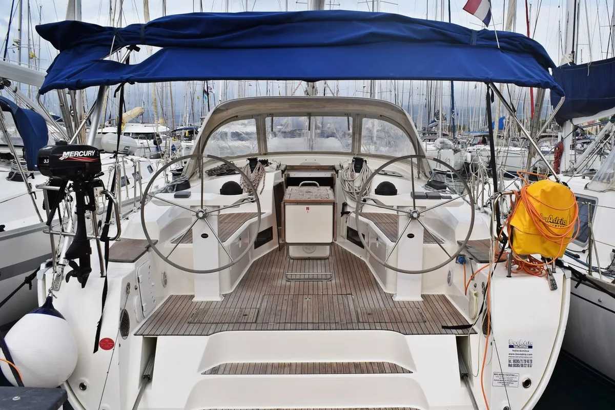 Deck of Tiha, a Bavaria Cruiser 45 sailboat at Grad Kaštela, Croatia