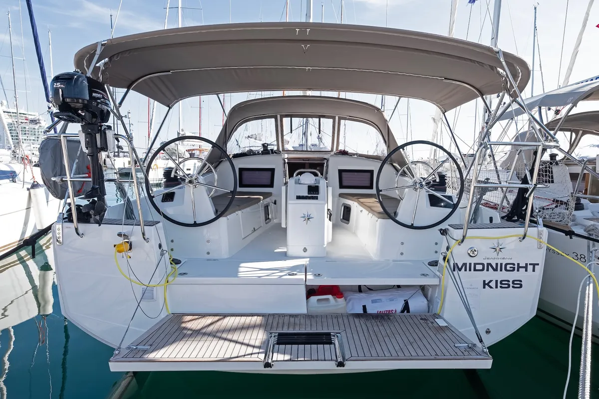 Cockpit of Midnight Kiss, a Jeanneau Sun Odyssey 410 sailboat at Split, Croatia