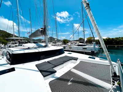 Deck of Detour, a Fountaine Pajot Elba 45 catamaran at Road Town, British Virgin Islands