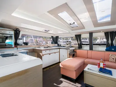 Salon of Detour, a Fountaine Pajot Elba 45 catamaran at Road Town, British Virgin Islands