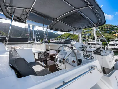 Cockpit of Detour, a Fountaine Pajot Elba 45 catamaran at Road Town, British Virgin Islands