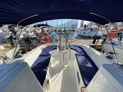 Cockpit of Zippy, a Beneteau Oceanis 323 sailboat at Fethiye, Turkey