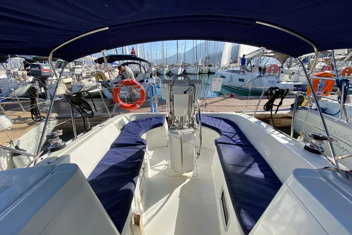 Cockpit of Zippy, a Beneteau Oceanis 323 sailboat at Fethiye, Turkey