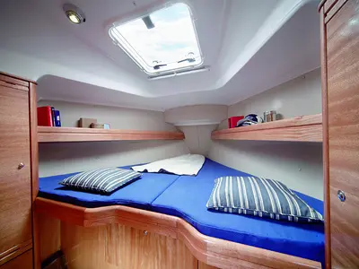 Cabin on TaiMahal, a Bavaria 39 Cruiser sailboat at Gåshaga, Sweden