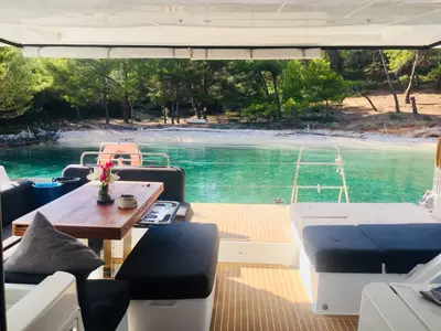 Deck of MY WAY, a Lagoon 52F catamaran at Ajaccio, France