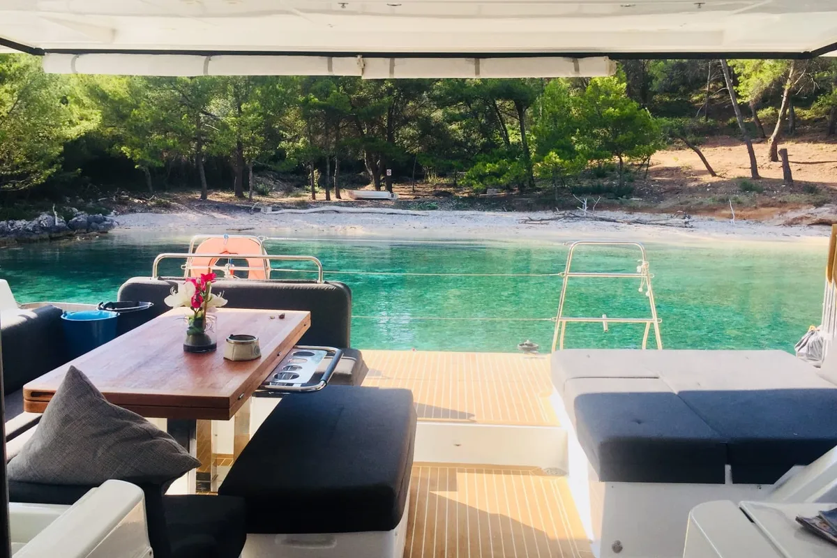 Deck of MY WAY, a Lagoon 52F catamaran at Ajaccio, France