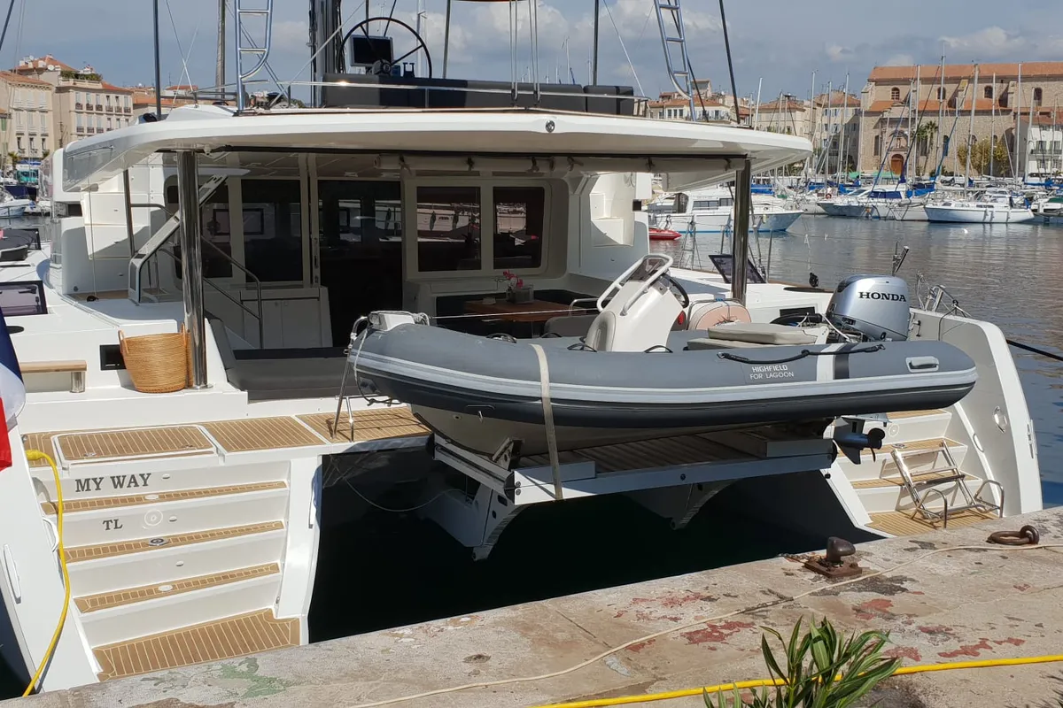 Deck of MY WAY, a Lagoon 52F catamaran at Ajaccio, France