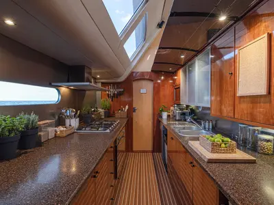 Galley of Kings Ransom, a Matrix 76 catamaran at Olbia, Italy