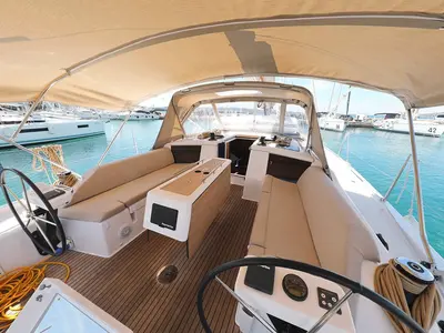 Cockpit of GOSAILING, a Dufour 430 sailboat at Municipal Unit of Ellomenos, Greece