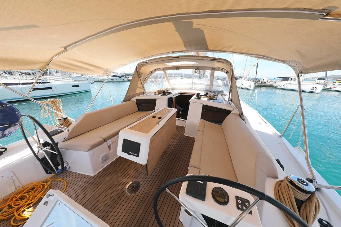 Cockpit of GOSAILING, a Dufour 430 sailboat at Municipal Unit of Ellomenos, Greece