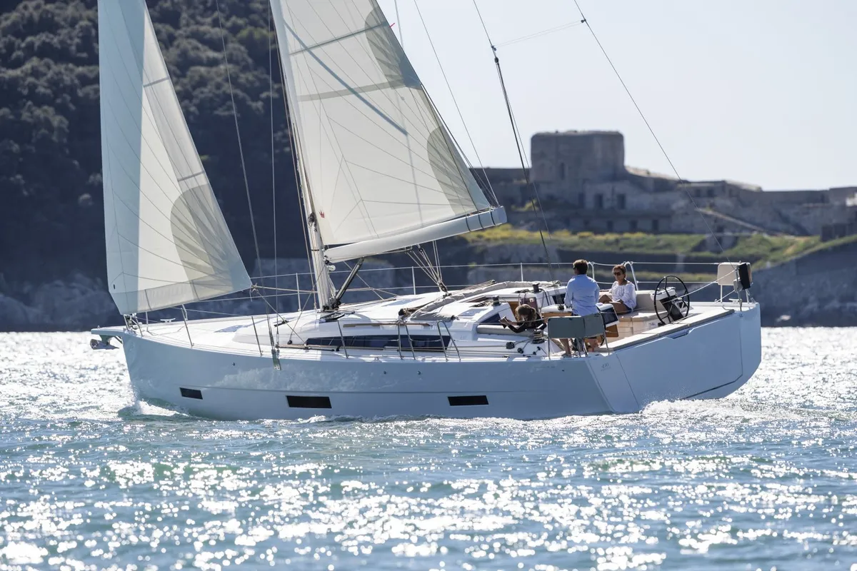 Exterior view of GOSAILING, a Dufour 430 sailboat at Municipal Unit of Ellomenos, Greece