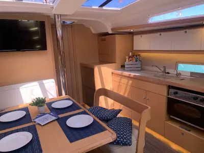 Salon of GOSAILING, a Dufour 430 sailboat at Municipal Unit of Ellomenos, Greece