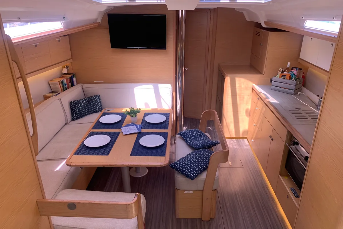 Salon of GOSAILING, a Dufour 430 sailboat at Municipal Unit of Ellomenos, Greece