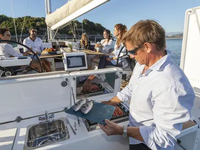 Deck of GOSAILING, a Dufour 430 sailboat at Municipal Unit of Ellomenos, Greece