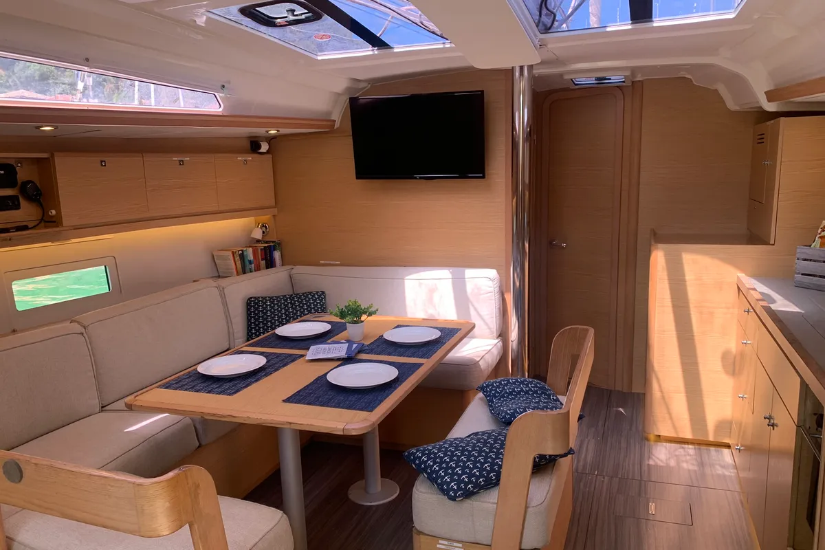 Salon of GOSAILING, a Dufour 430 sailboat at Municipal Unit of Ellomenos, Greece