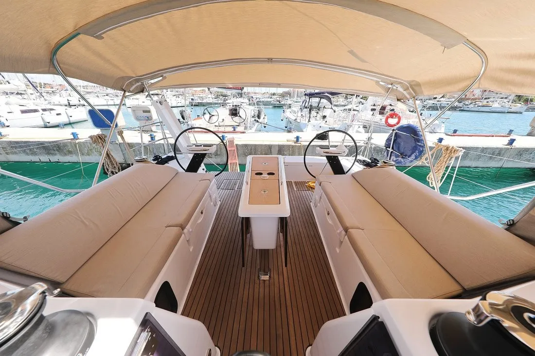 Cockpit of GOSAILING, a Dufour 430 sailboat at Municipal Unit of Ellomenos, Greece