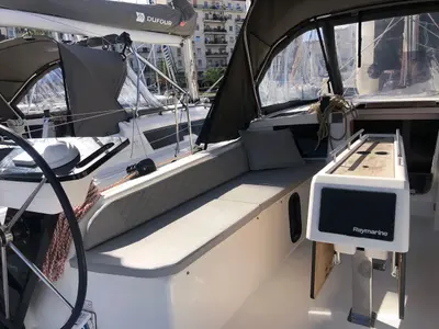 Deck of Iulo, a Dufour 37 sailboat at Palermo, Italy