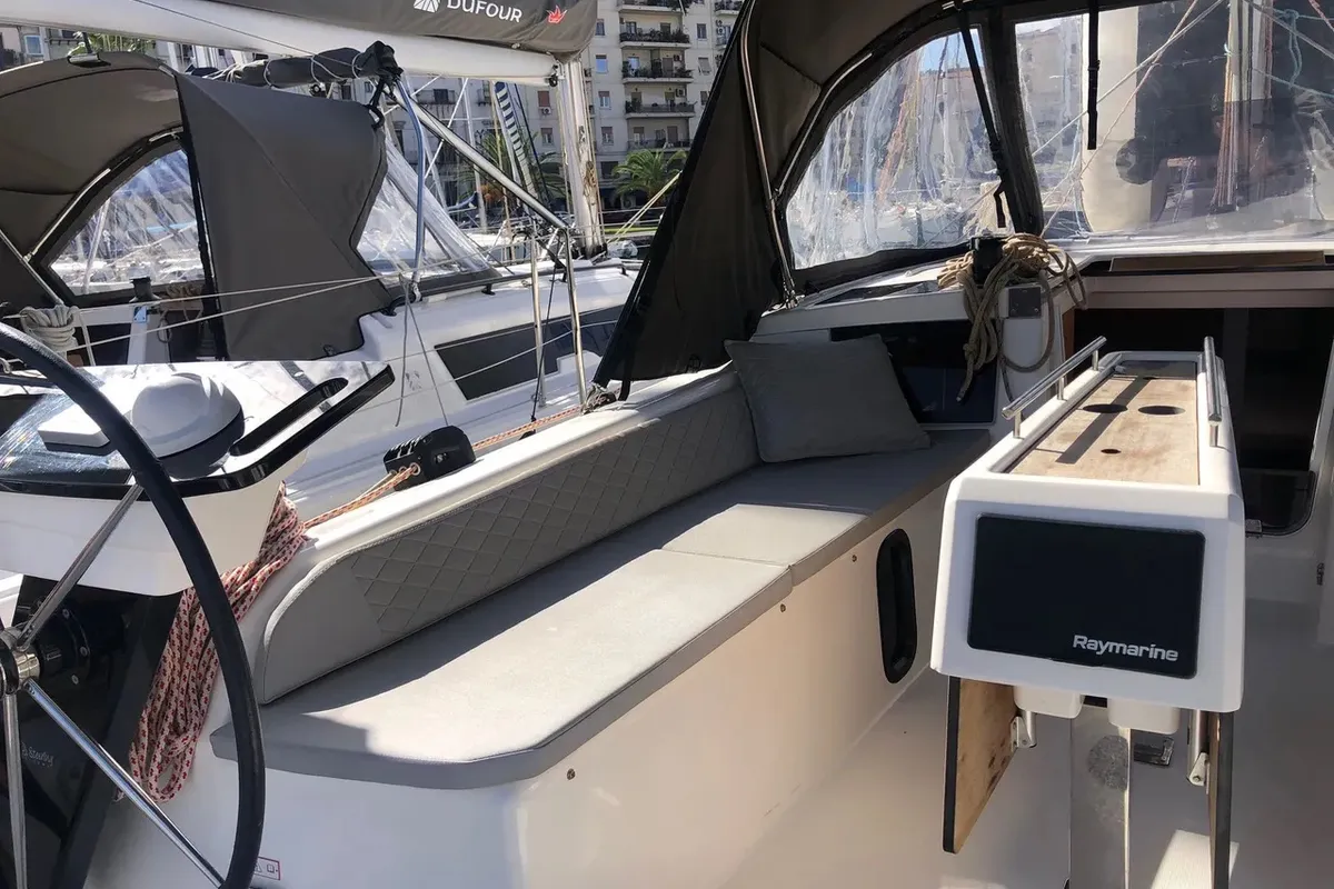 Deck of Iulo, a Dufour 37 sailboat at Palermo, Italy