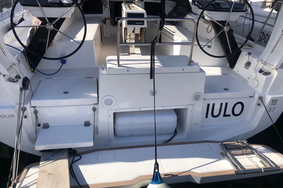 Exterior view of Iulo, a Dufour 37 sailboat at Palermo, Italy