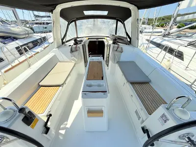 Cockpit of Foxy, a Beneteau Oceanis 38.1 sailboat at Sukošan, Croatia