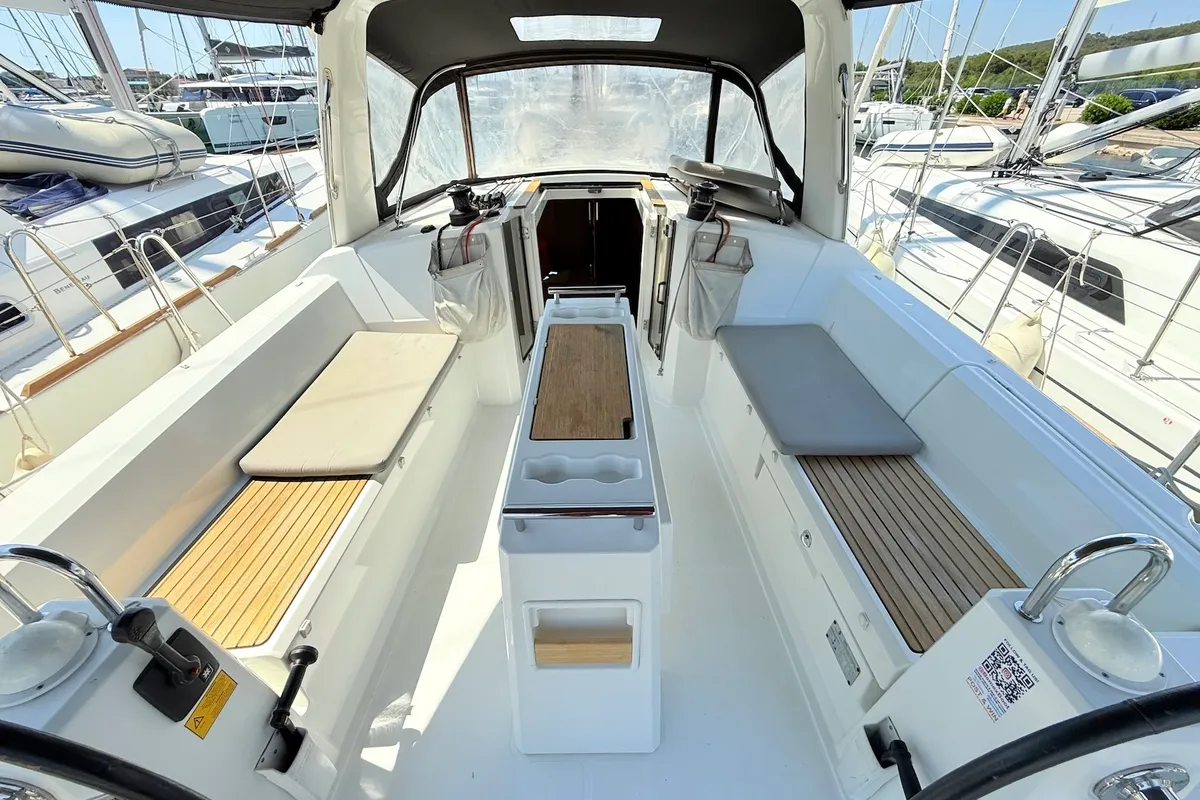 Cockpit of Foxy, a Beneteau Oceanis 38.1 sailboat at Sukošan, Croatia