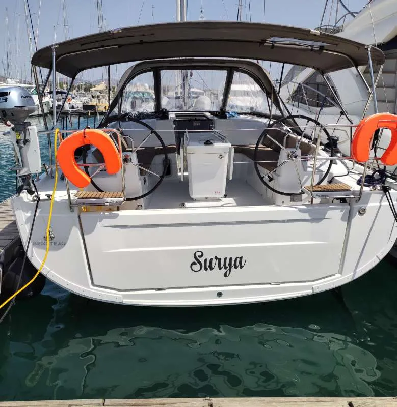 Cockpit of Surya, a Beneteau Oceanis 40.1 sailboat at Kontokali, Greece
