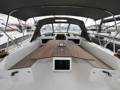 Cockpit of Bonaca, a Dufour 470 sailboat at Grad Pula, Croatia