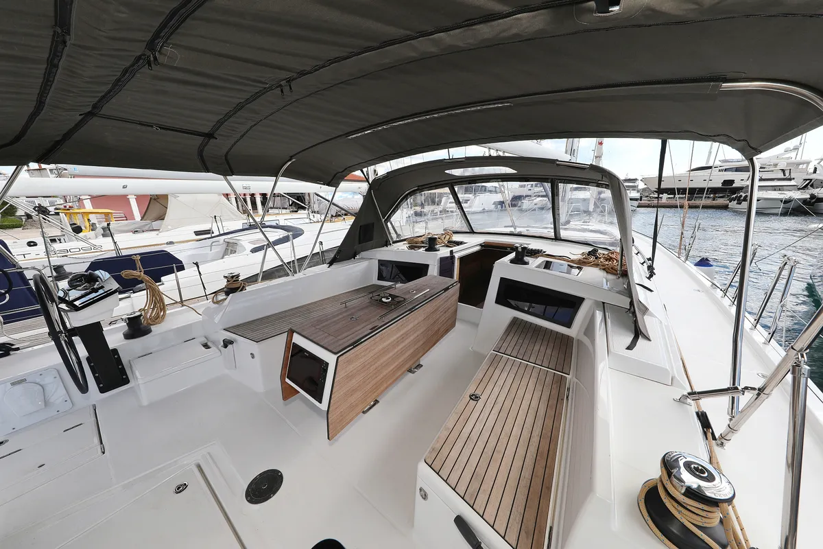 Deck of Bonaca, a Dufour 470 sailboat at Grad Pula, Croatia