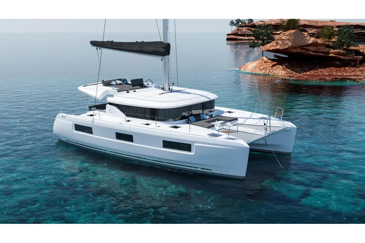 Exterior view of Christianna XV, a Lagoon 46 catamaran at Athens, Greece