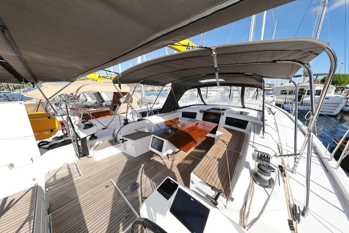 Cockpit of Skadi, a Dufour 530 sailboat at Grad Trogir, Croatia
