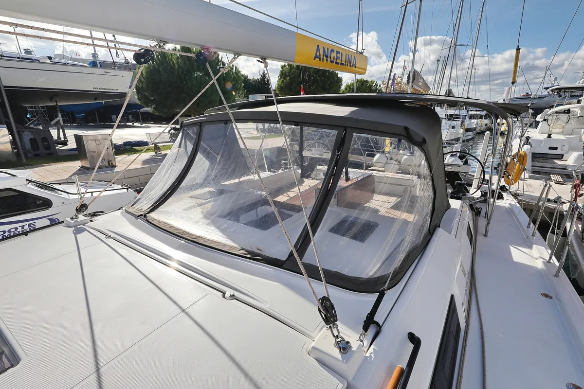 Deck of Skadi, a Dufour 530 sailboat at Grad Trogir, Croatia