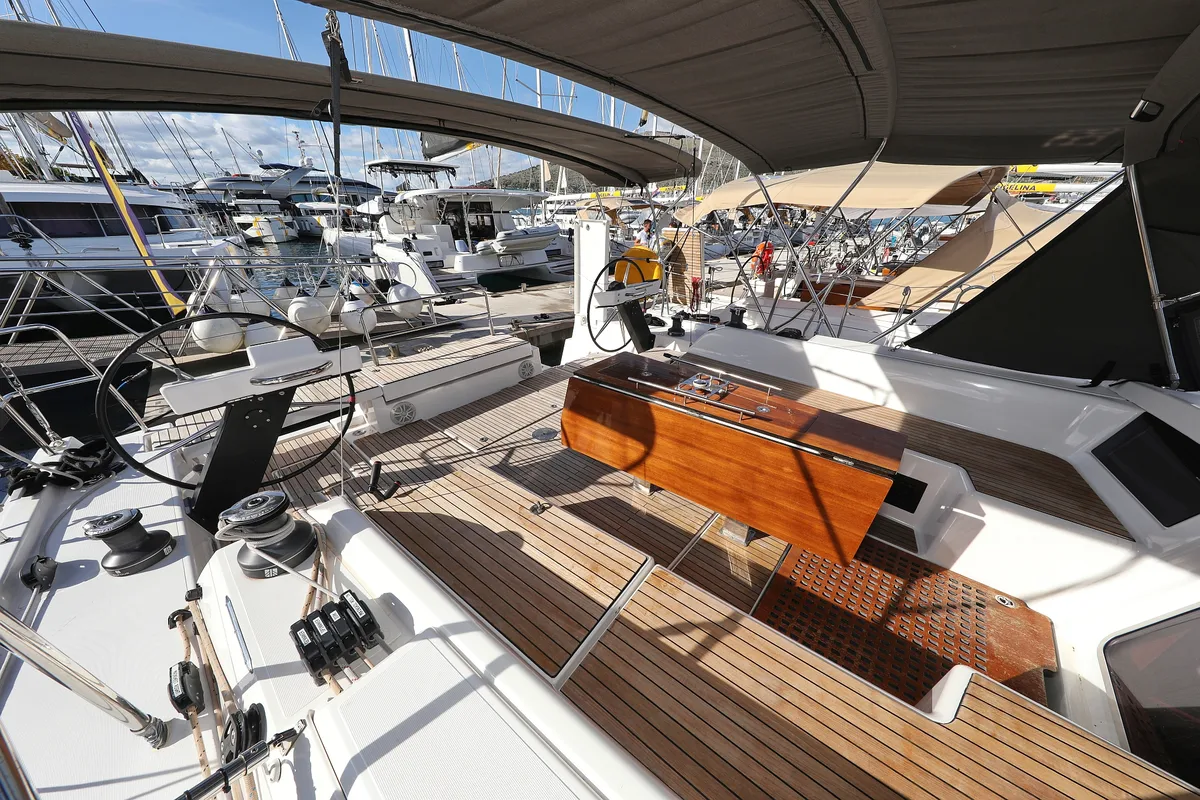 Deck of Skadi, a Dufour 530 sailboat at Grad Trogir, Croatia