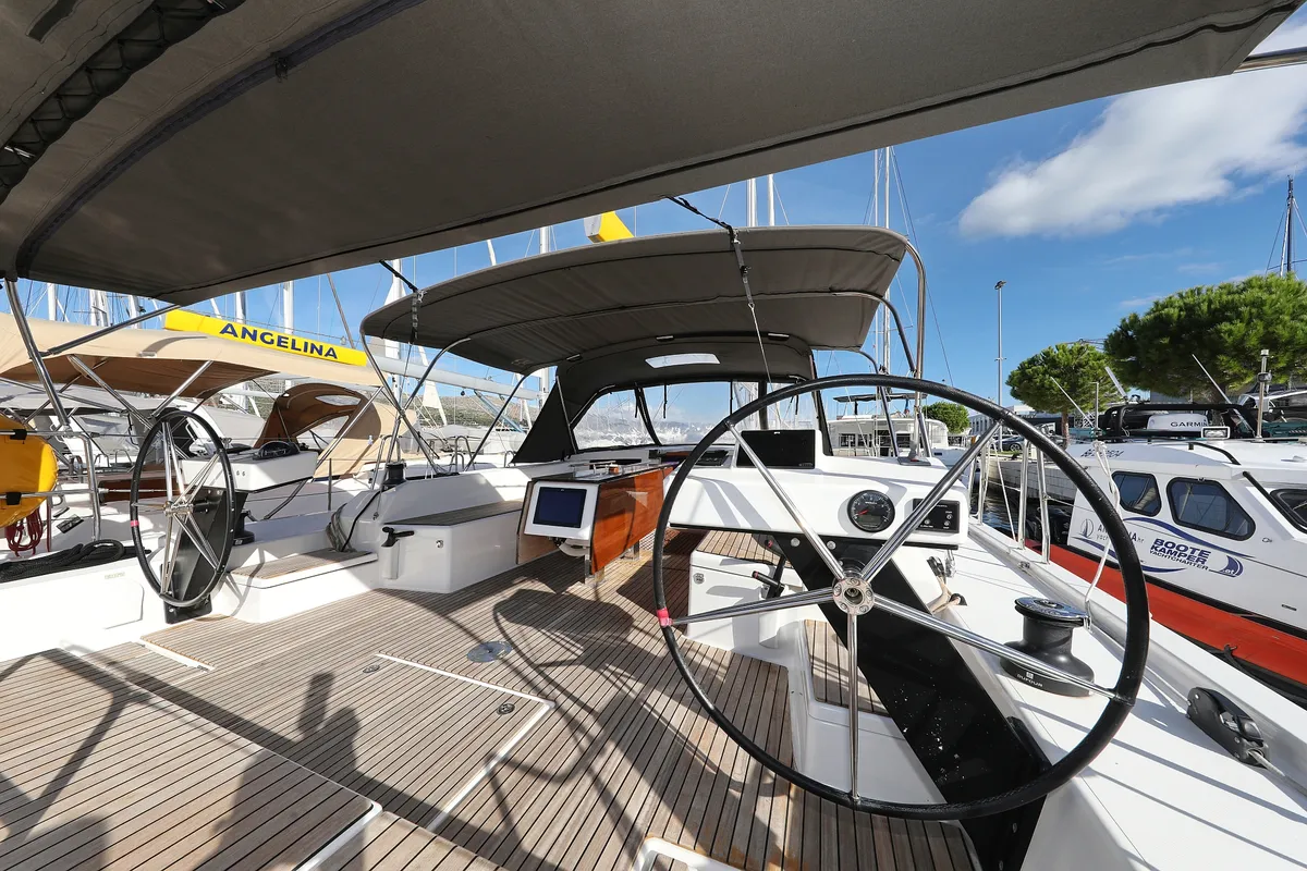 Cockpit of Skadi, a Dufour 530 sailboat at Grad Trogir, Croatia
