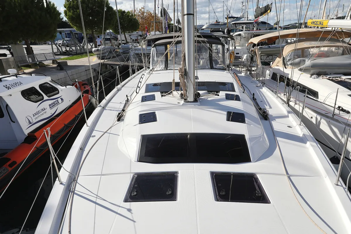 Deck of Skadi, a Dufour 530 sailboat at Grad Trogir, Croatia
