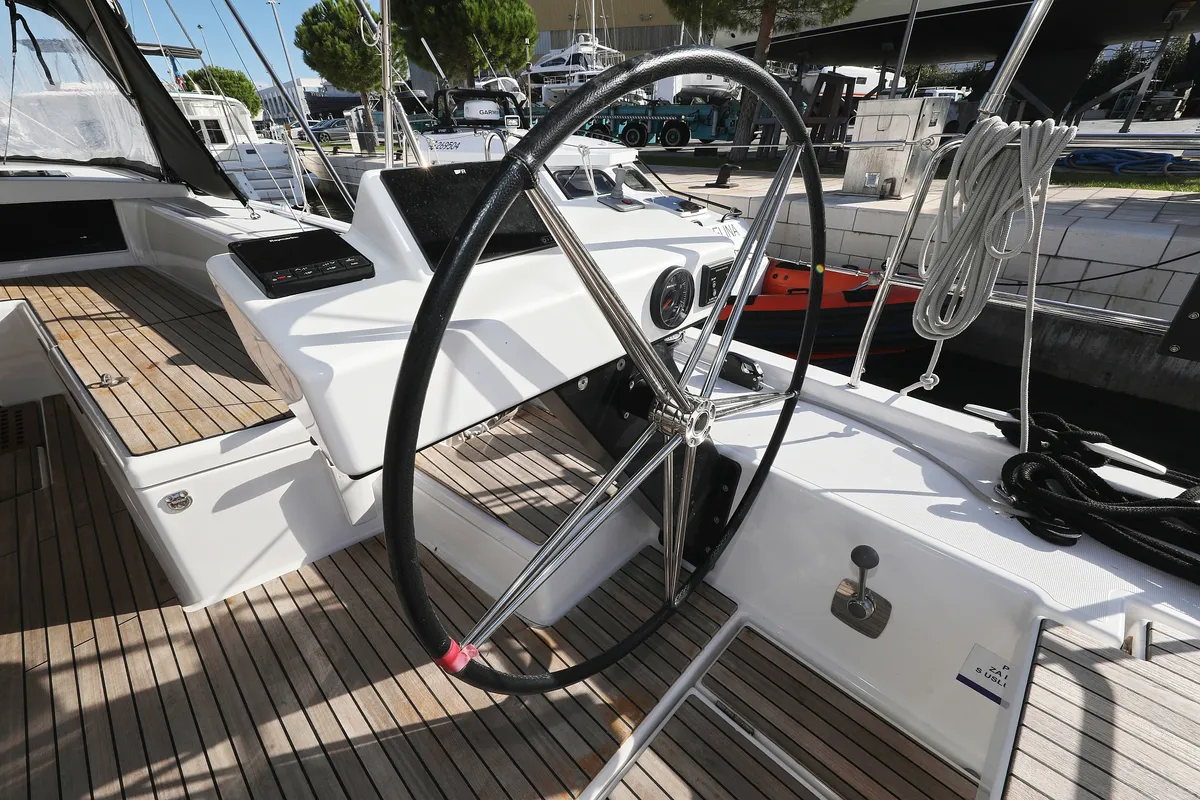 Cockpit of Skadi, a Dufour 530 sailboat at Grad Trogir, Croatia