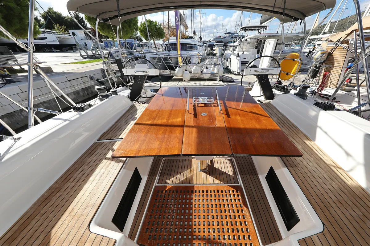 Deck of Skadi, a Dufour 530 sailboat at Grad Trogir, Croatia
