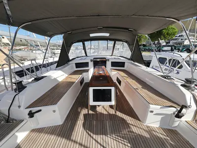 Deck of Skadi, a Dufour 530 sailboat at Grad Trogir, Croatia