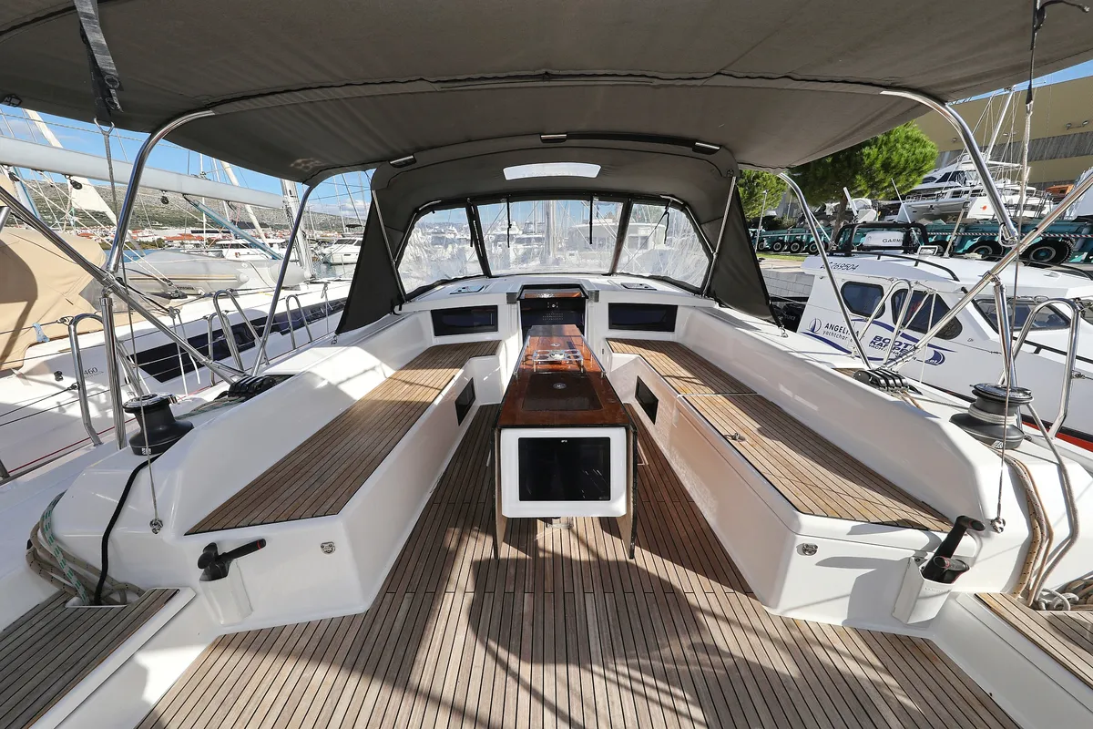 Deck of Skadi, a Dufour 530 sailboat at Grad Trogir, Croatia