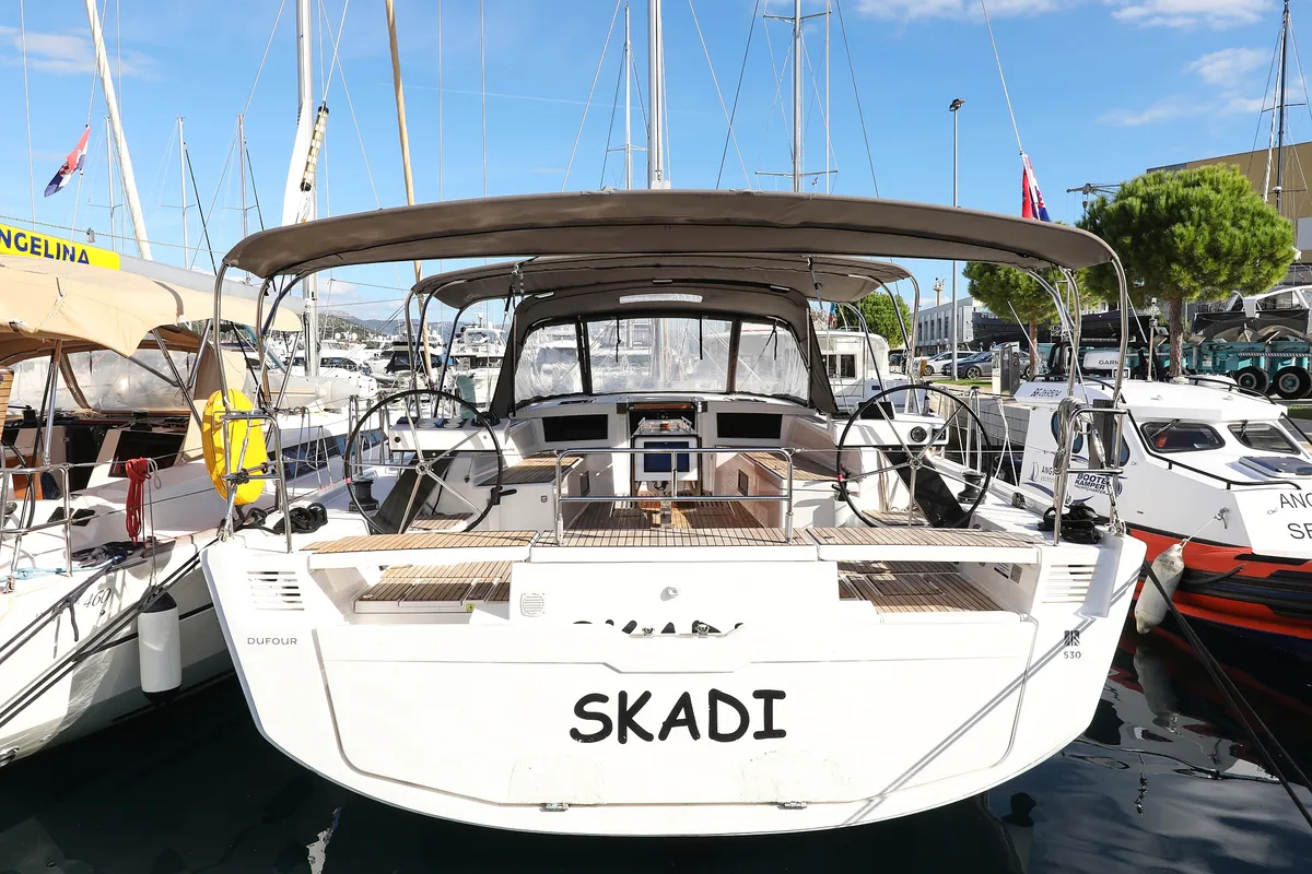 Exterior view of Skadi, a Dufour 530 sailboat at Grad Trogir, Croatia