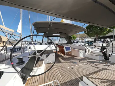 Cockpit of Skadi, a Dufour 530 sailboat at Grad Trogir, Croatia