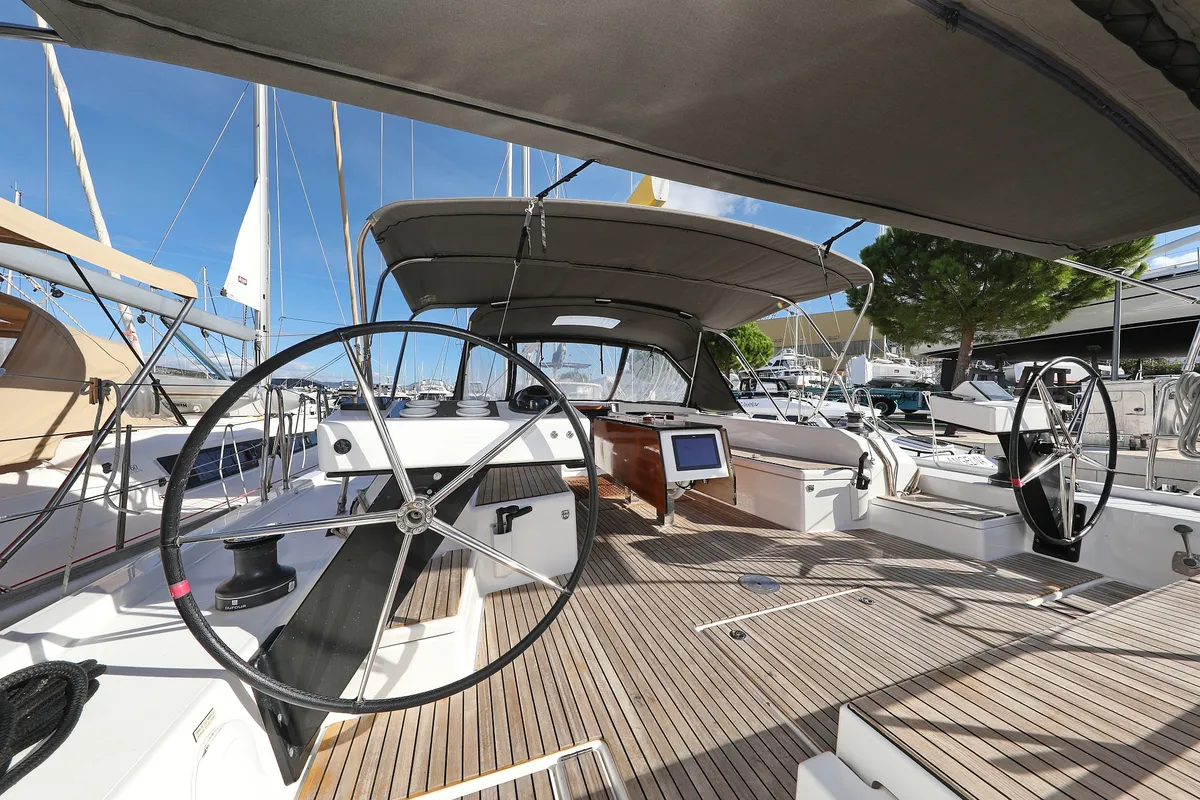 Cockpit of Skadi, a Dufour 530 sailboat at Grad Trogir, Croatia