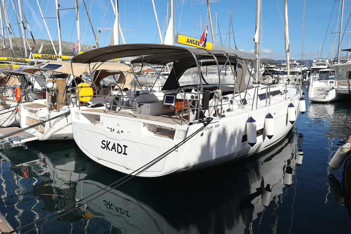 Exterior view of Skadi, a Dufour 530 sailboat at Grad Trogir, Croatia