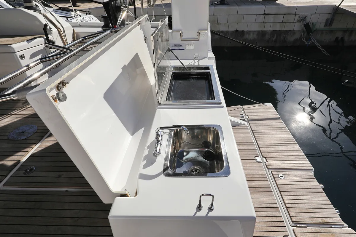 Deck of Skadi, a Dufour 530 sailboat at Grad Trogir, Croatia