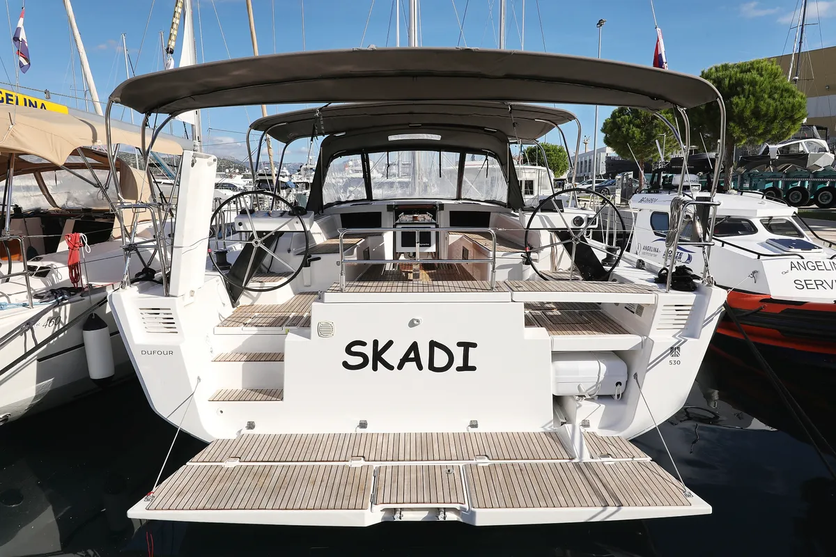 Exterior view of Skadi, a Dufour 530 sailboat at Grad Trogir, Croatia