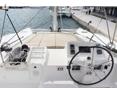 Cockpit of Sunshine I, a Lagoon 450 Fly catamaran at Dubrovnik, Croatia